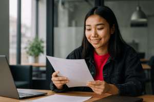 Jovem asiática analisando um currículo para o primeiro emprego em um ambiente de escritório moderno e iluminado, representando o momento de preparação para conquistar a primeira vaga no mercado de trabalho.