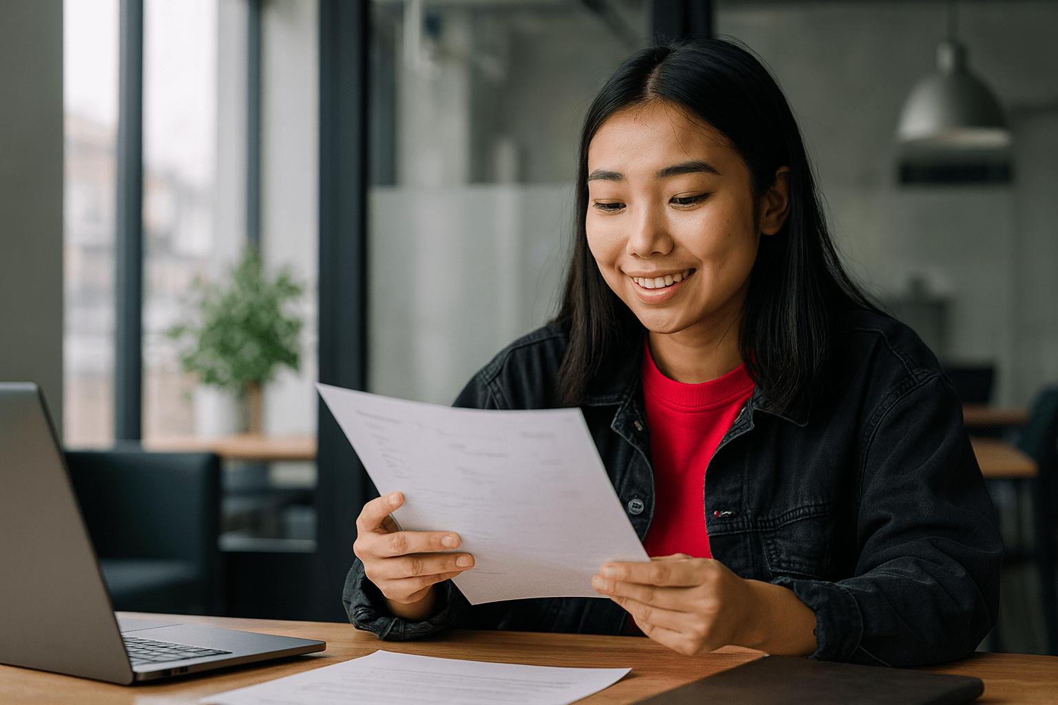 Jovem asiática analisando um currículo para o primeiro emprego em um ambiente de escritório moderno e iluminado, representando o momento de preparação para conquistar a primeira vaga no mercado de trabalho.