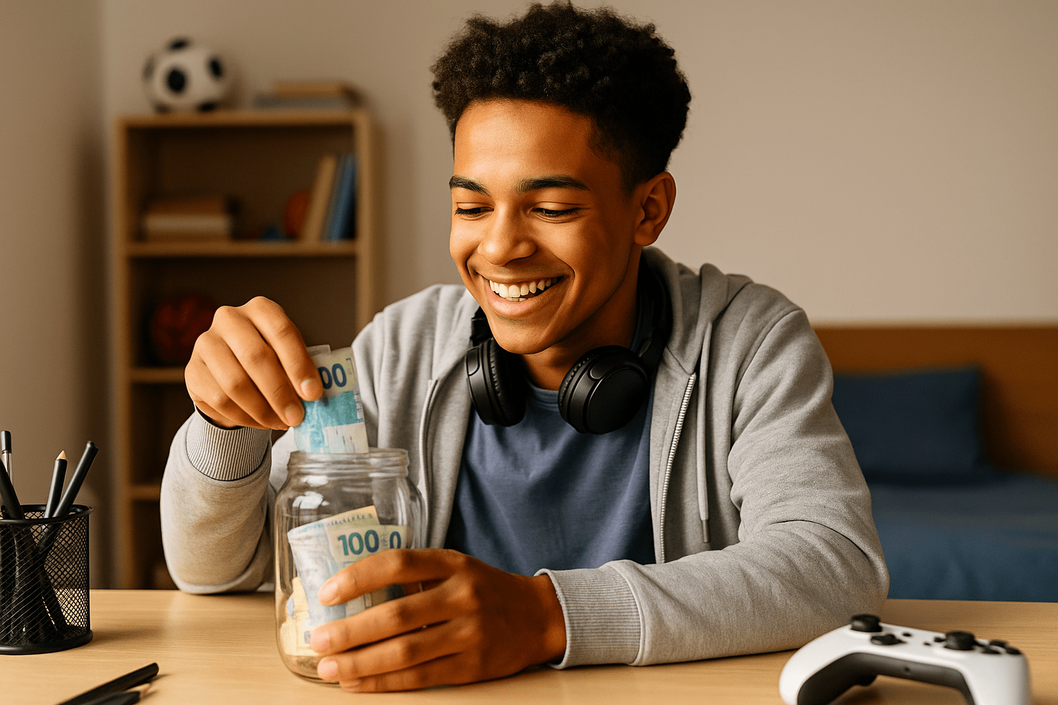 Jovem sorridente guardando notas de reais em um pote de vidro no quarto, simbolizando independência financeira conquistada com cursos para ganhar dinheiro desde cedo.