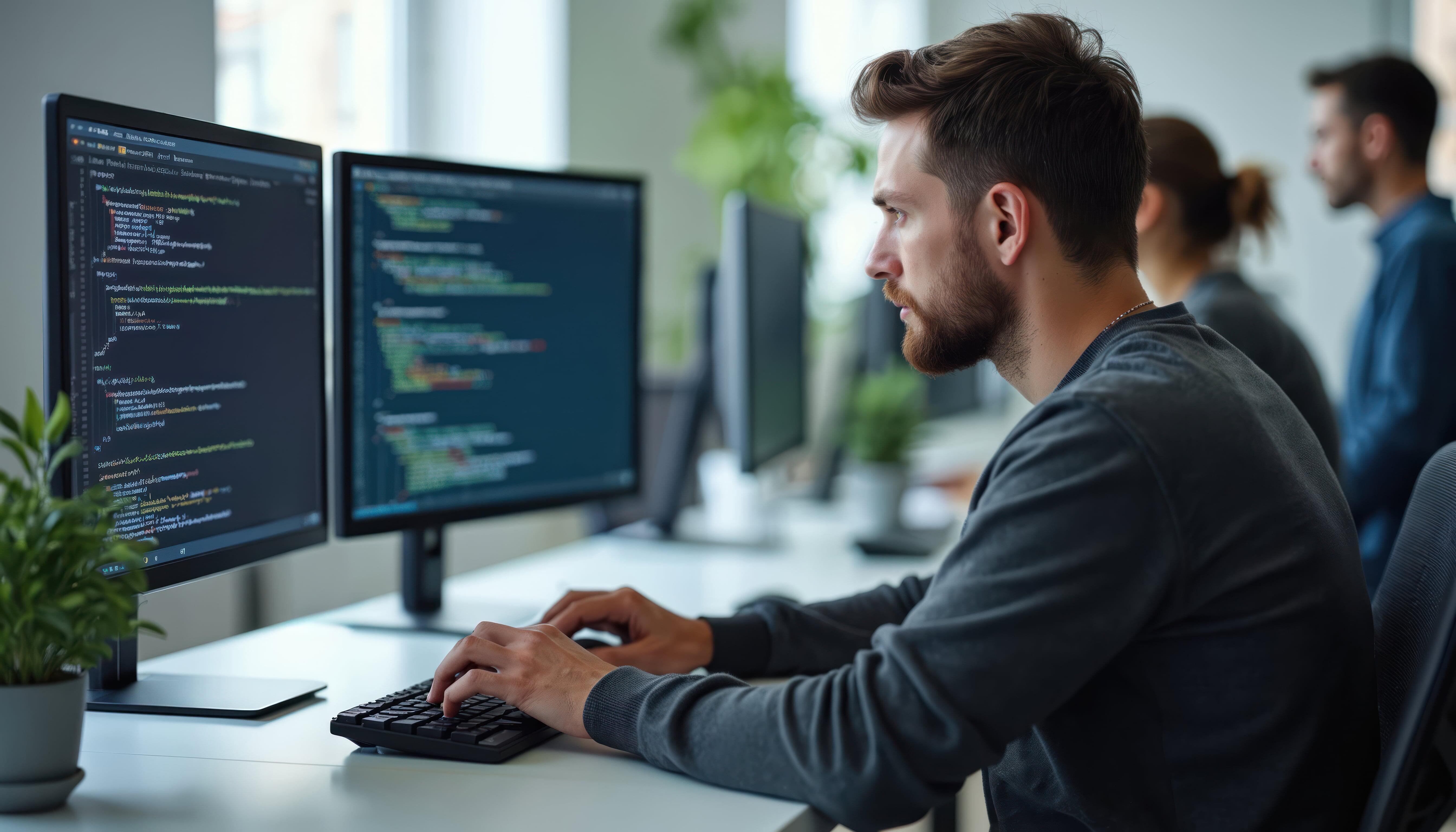  Homem jovem programando em um escritório moderno, concentrado em duas telas com códigos coloridos. Ao fundo, outros profissionais também trabalham em frente ao computador, em um ambiente claro, com plantas decorativas nas mesas.