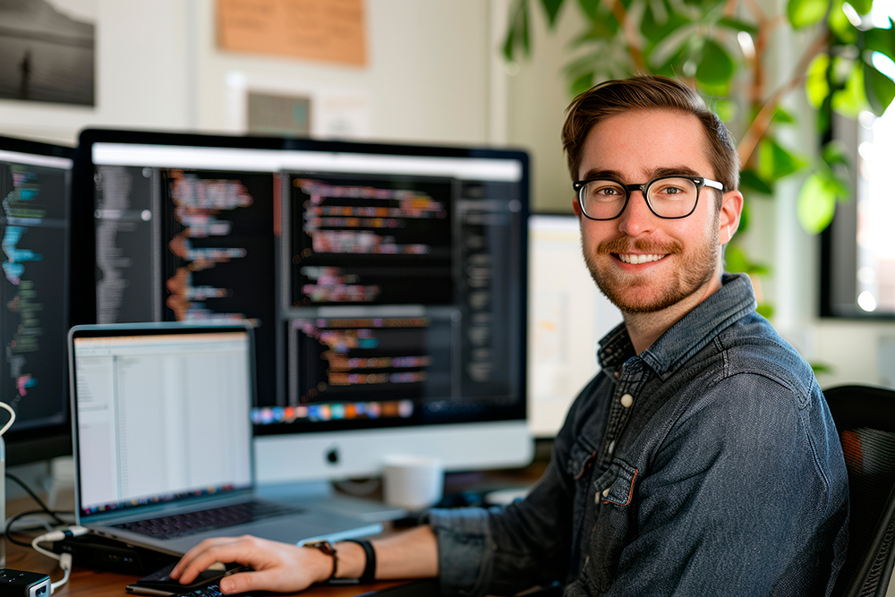 Jovem profissional programando em um ambiente moderno, ilustrando o caminho de quem está aprendendo como virar programador do zero.