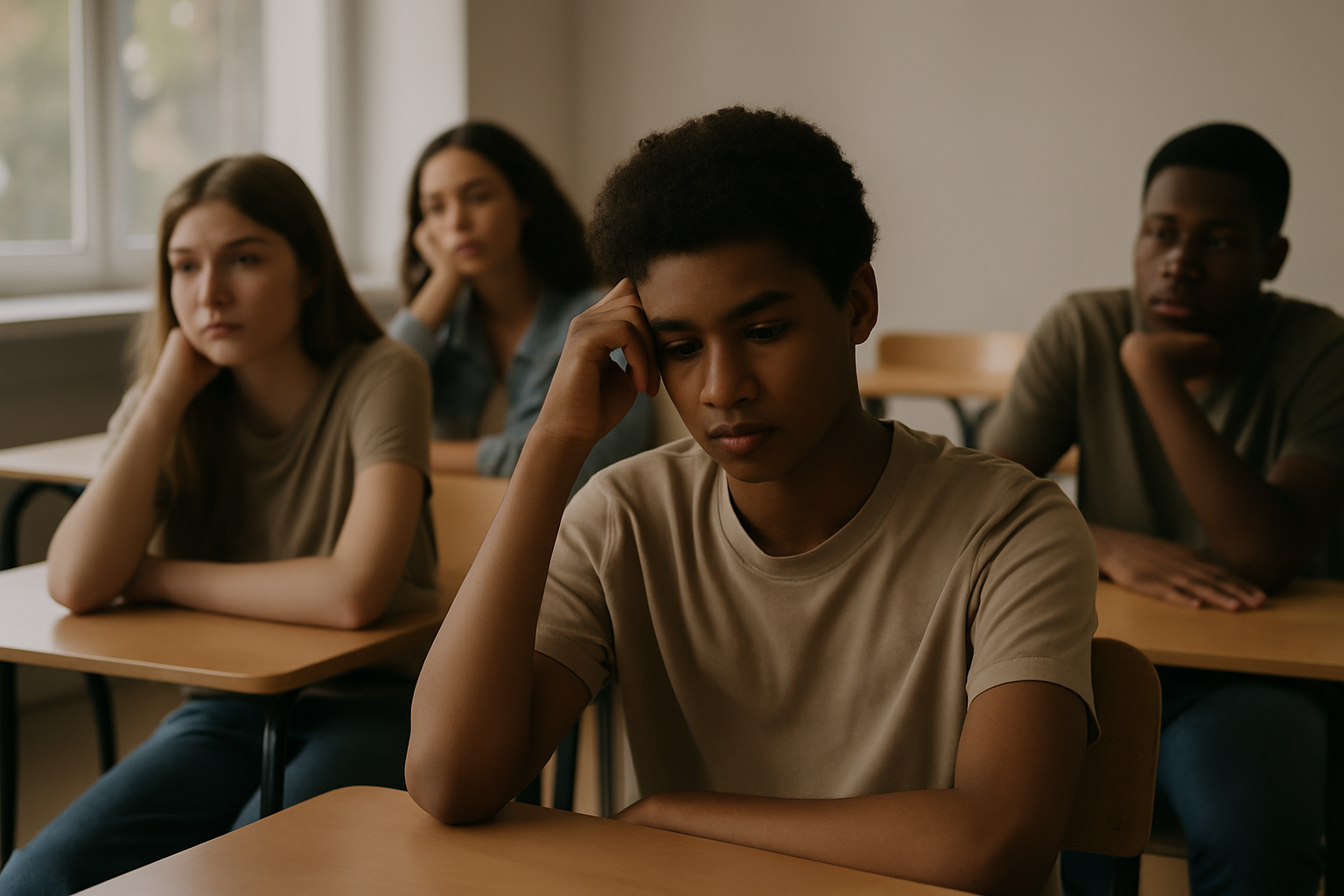 Adolescentes em sala de aula com expressões introspectivas, representando um momento de reflexão sobre o futuro. A cena é silenciosa, iluminada suavemente e composta por estudantes diversos.