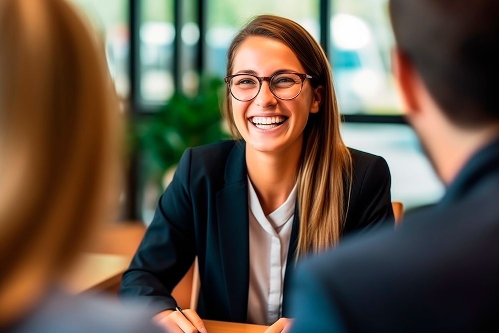 Uma mulher sorridente ao fundo, ela está em frente aos seus recrutadores de uma entrevista de emprego.