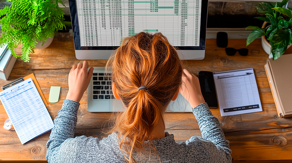 Jovem assistente administrativo trabalha em planilhas no Excel, aplicando fórmulas básicas como SOMA e PROCV. A imagem representa o uso prático do Excel no dia a dia do escritório, essencial para quem busca um estágio ou quer se destacar na área administr