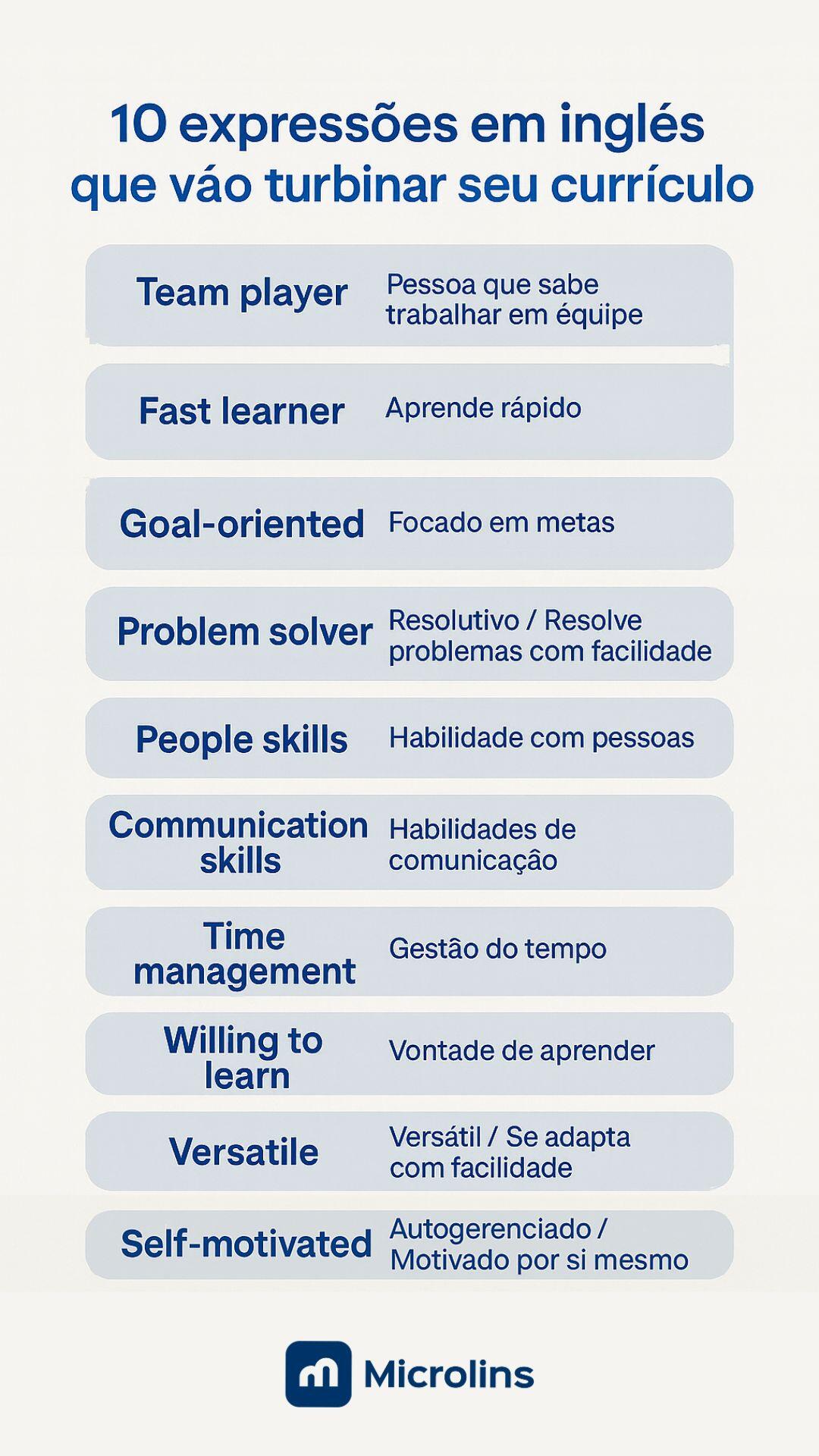 Infográfico com fundo claro e design limpo, exibindo 10 expressões em inglês com tradução em português para ajudar jovens a melhorarem seus currículos e se destacarem em entrevistas de emprego.
