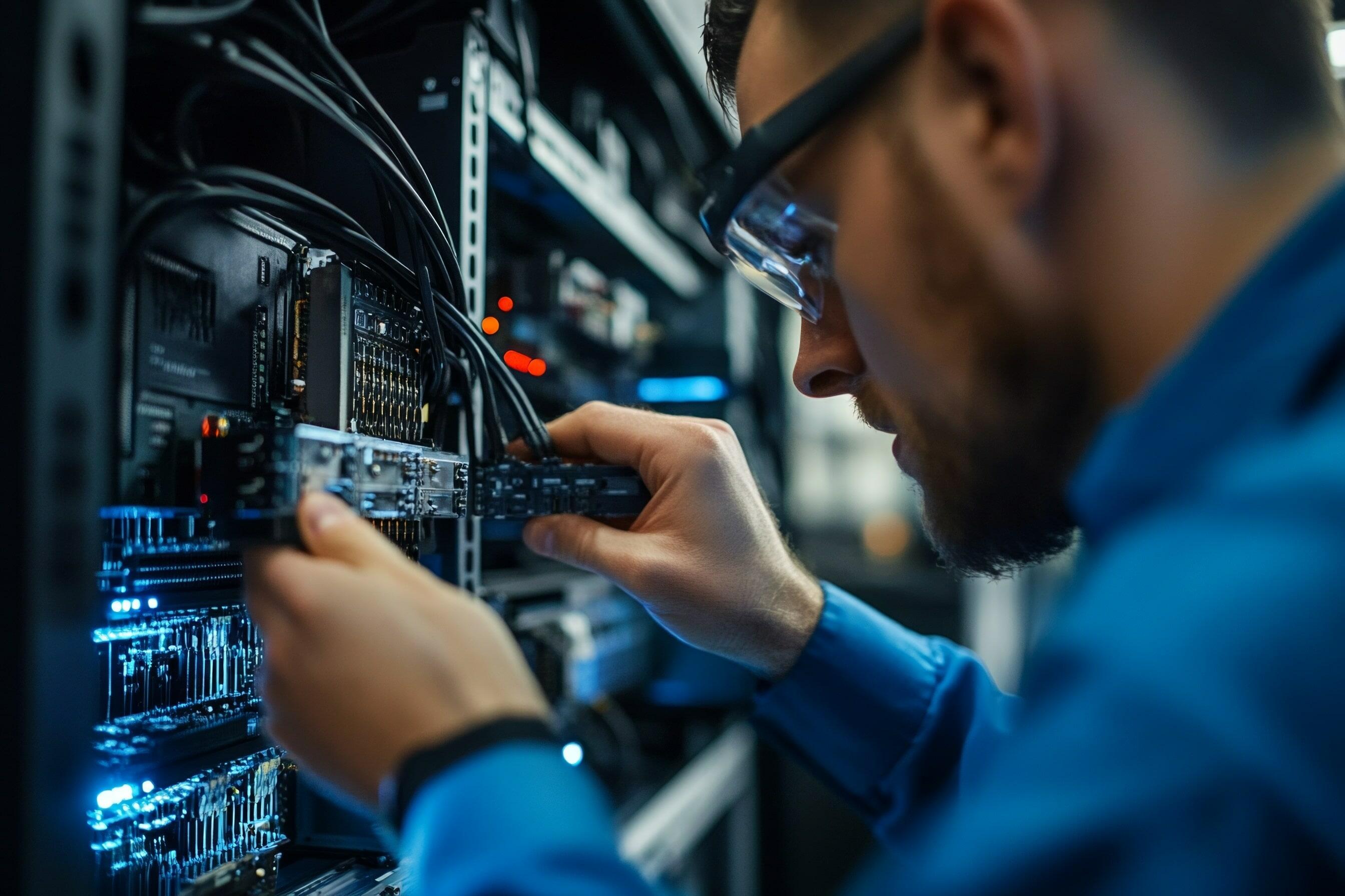 Técnico ajustando componentes de hardware em servidor, ilustrando como montagem e manutenção fazem parte dos cursos para ganhar dinheiro desde cedo.